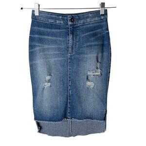 Guess Womens Jean Skirt 24 Pencil Distressed Stretch Blue Denim High Low Raw Hem